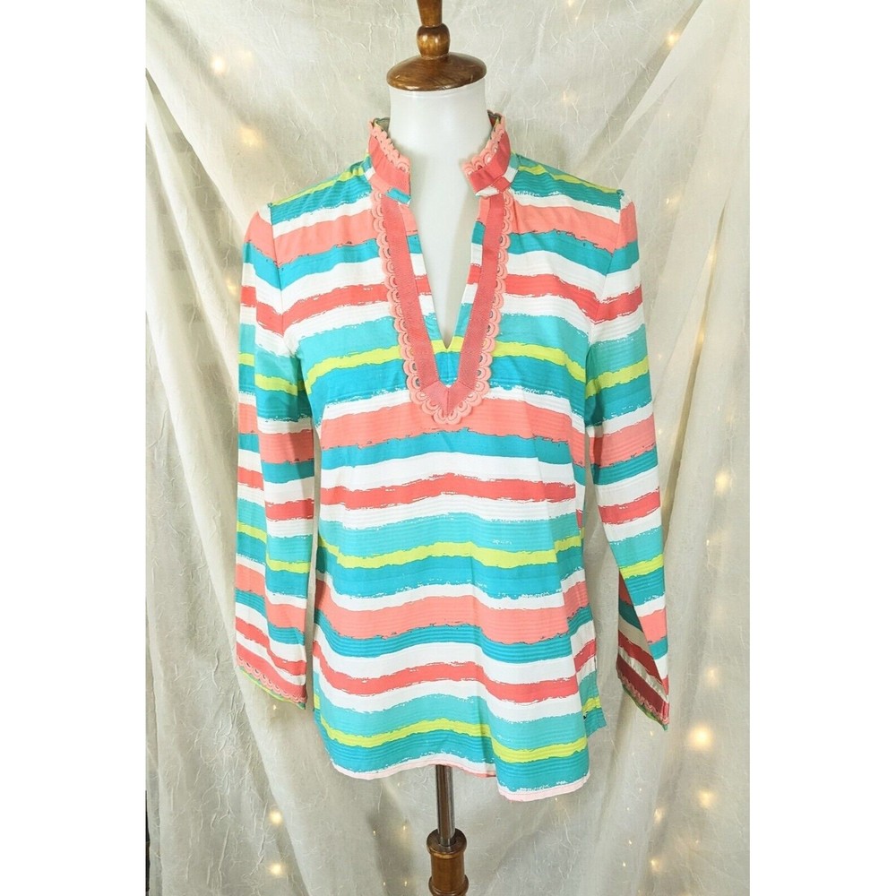 Vineyard Vines Womens S Striped V-Neck Tunic Cotton Silk 3/4 Sleeve Beach Summer